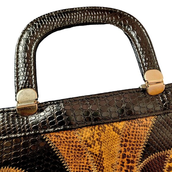 Vintage 80s Leather Satchel Bag Handle Large Purse Handbag Women Black Red Snake - Picture 14 of 16